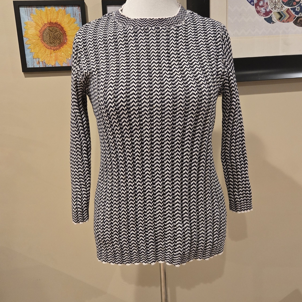 Brooks Brothers Large Black and White Zig Zag Chevron Knit Sweater 3/4 Sleeve